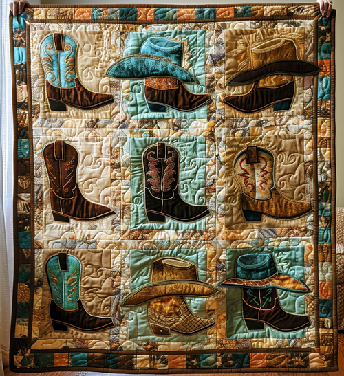 Whimsical Cowboy Hats Quilted Blanket