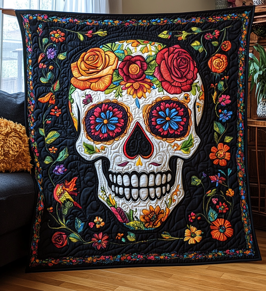 Whimsical Dia De Los Muertos Quilted Blanket