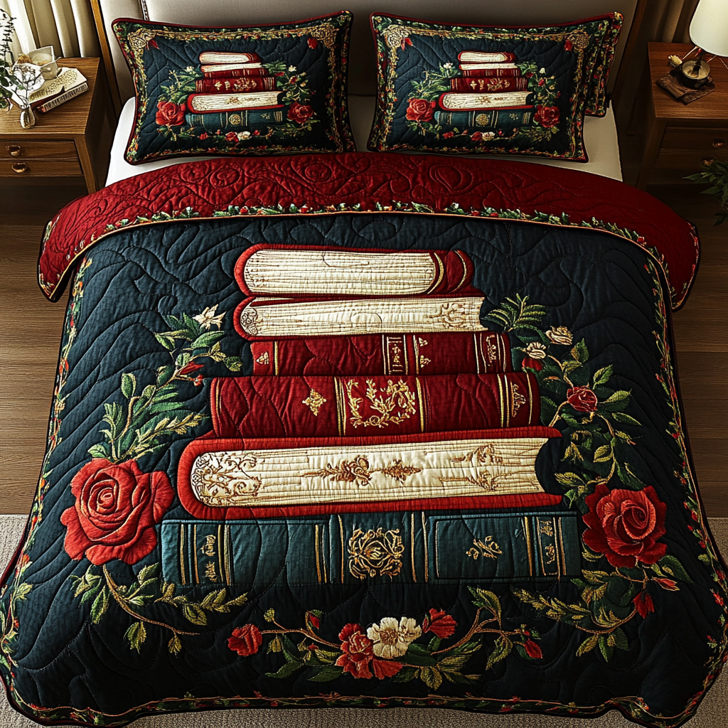 Whimsical Bookshelf 3-Piece Quilted Bedding Set