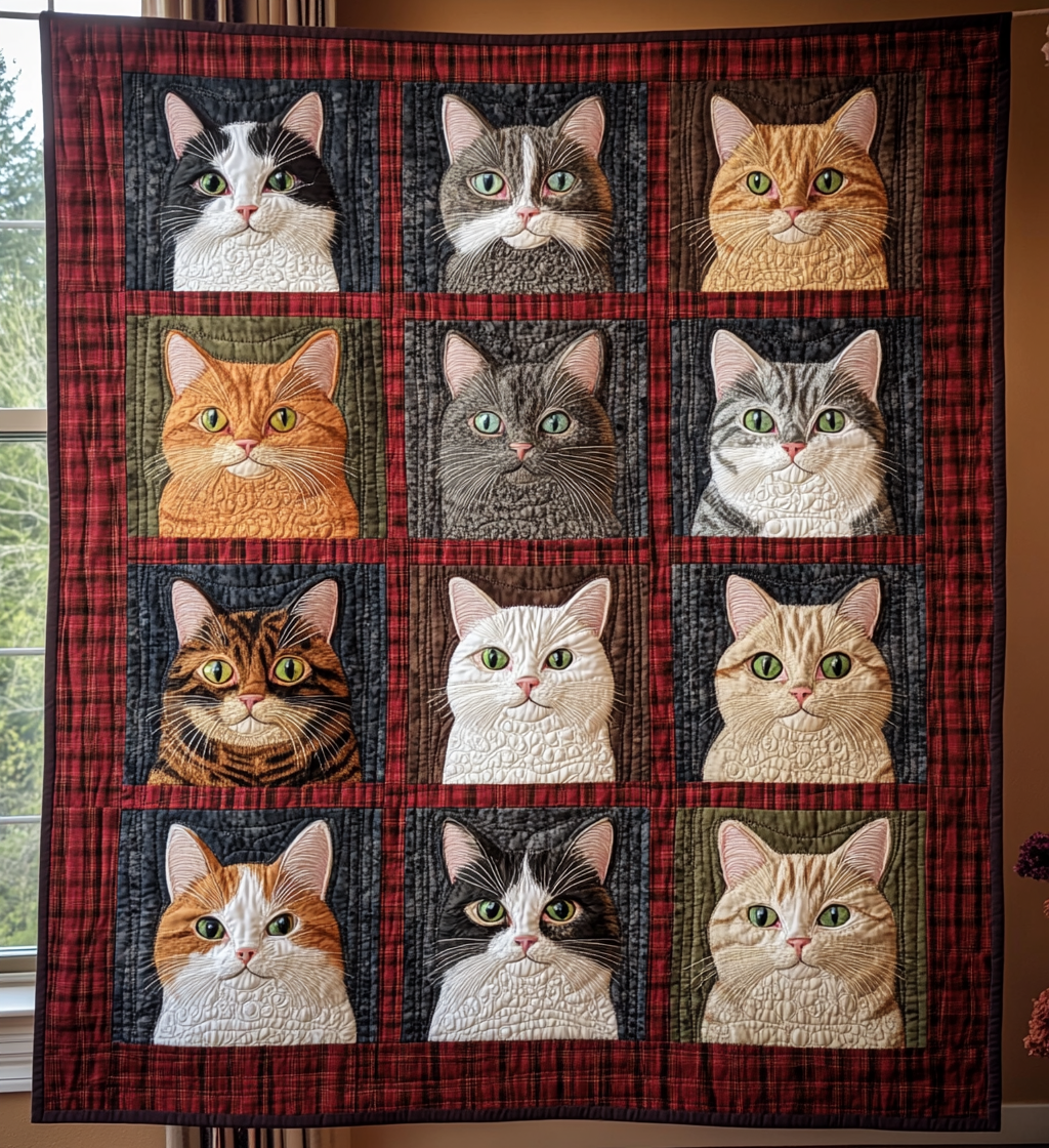 Whimsical Cat Portraits Quilted Blanket