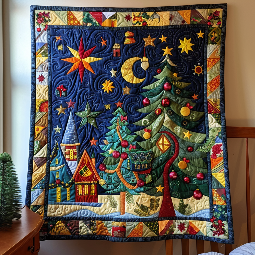 Whimsical Holiday Tree Quilted Blanket