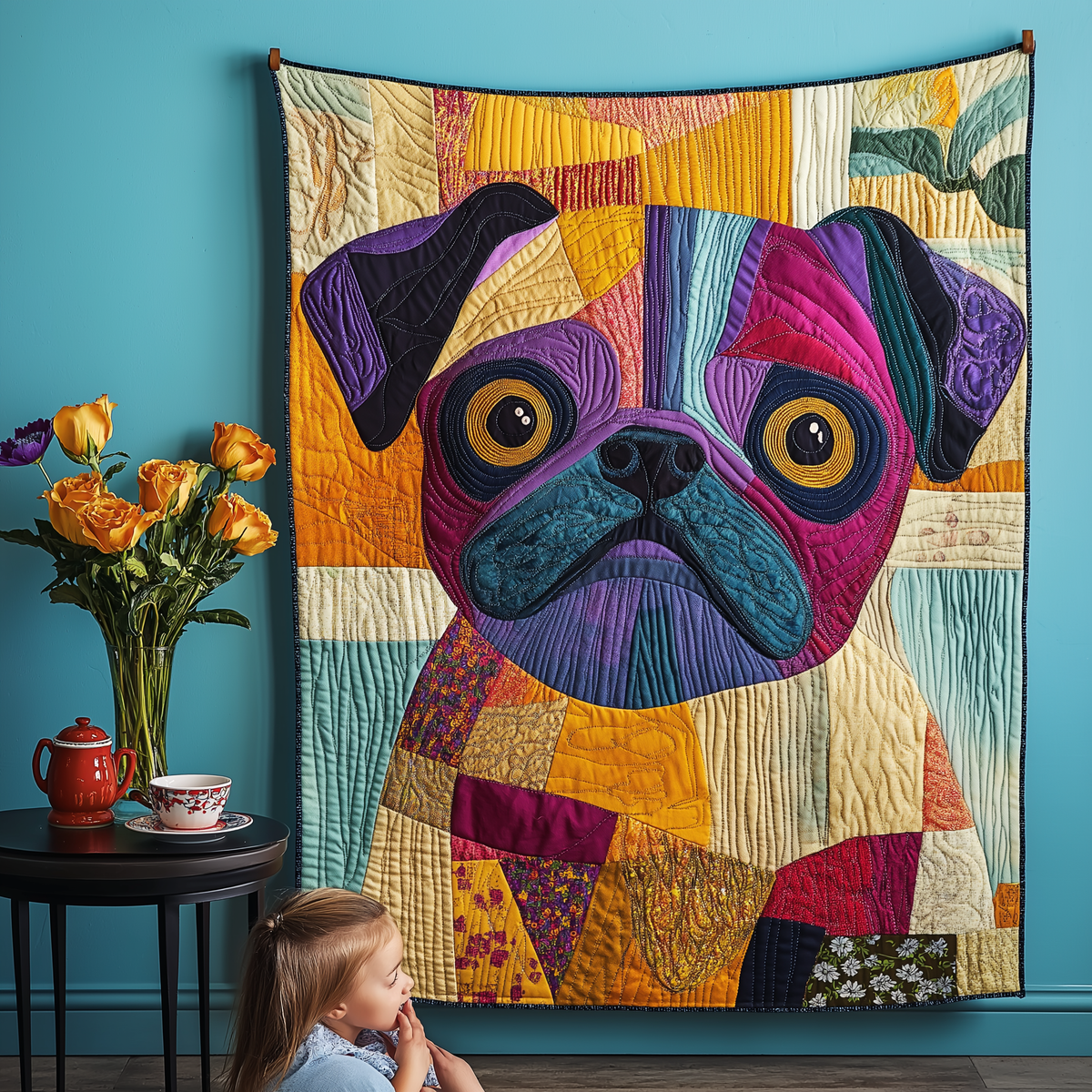 Whimsical Pug Quilted Blanket