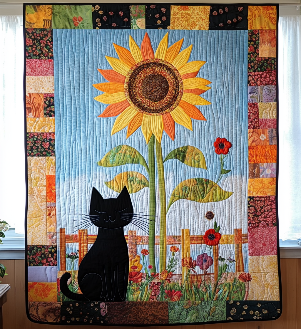 Whimsical Sunflower Kitten Quilted Blanket