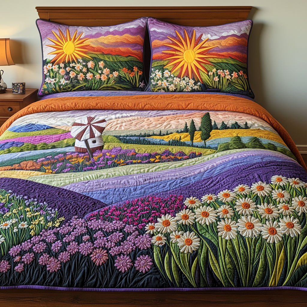 Windmill Landscape 3-Piece Quilted Bedding Set