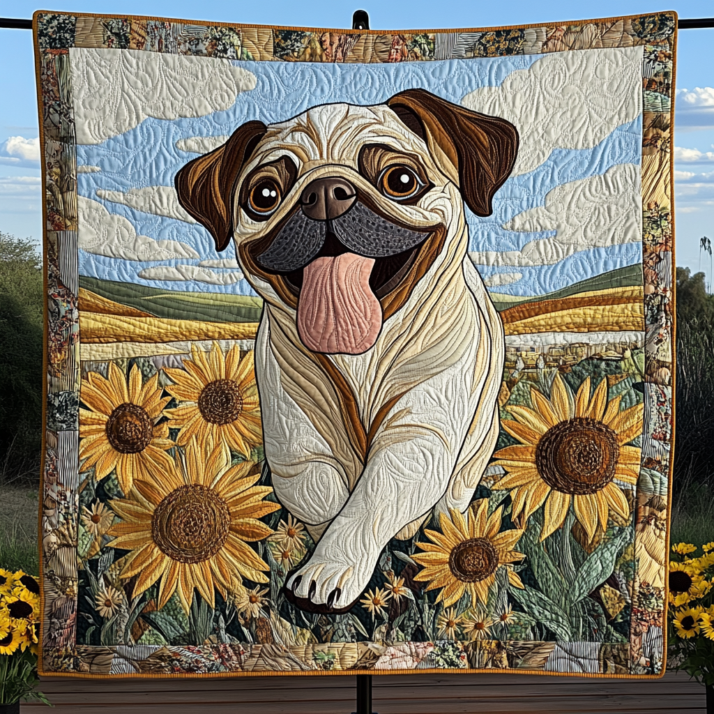 Wiggly Pug Joy Quilted Blanket