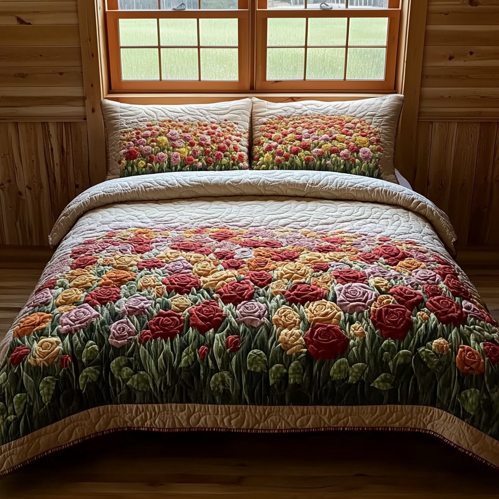 Wild Rose Landscape 3-Piece Quilted Bedding Set