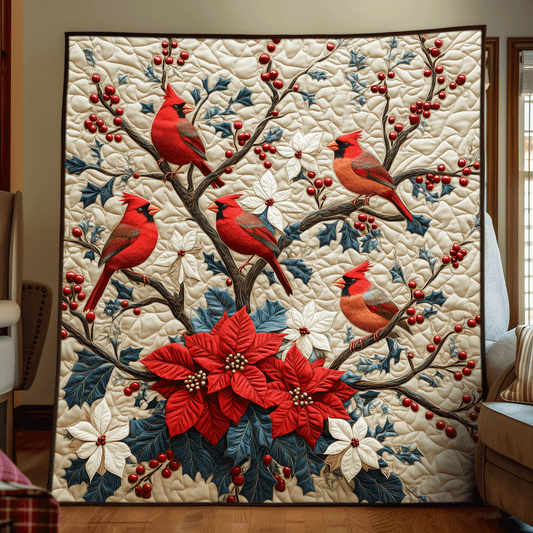 Winter Cardinal Tree Quilted Blanket