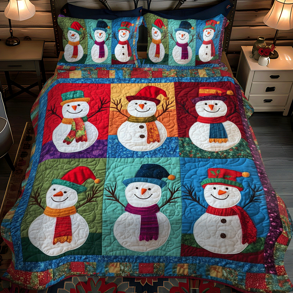 Xmas Night Snowman 3-Piece Quilted Bedding Set