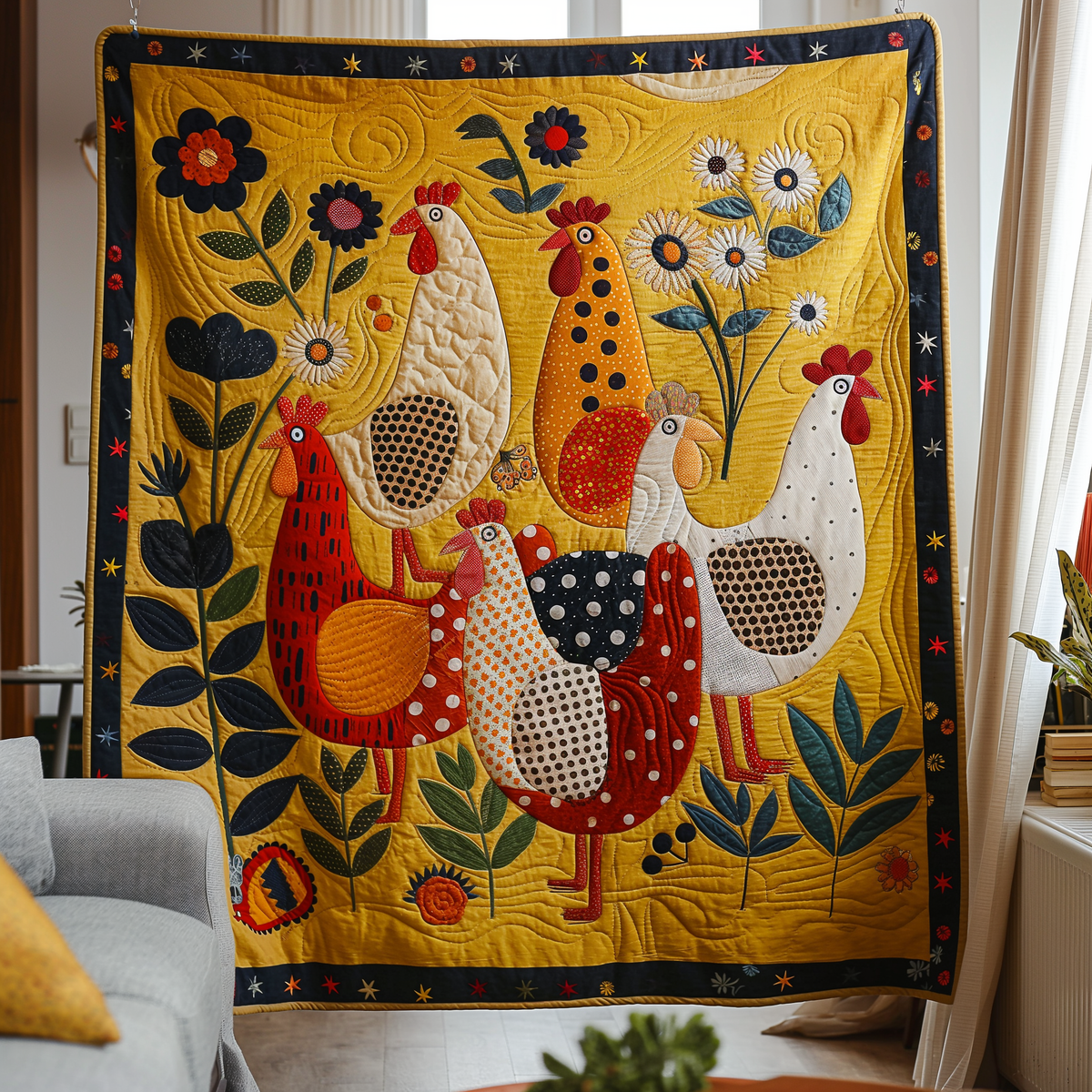 Yellow Daisy Chicken Quilted Blanket