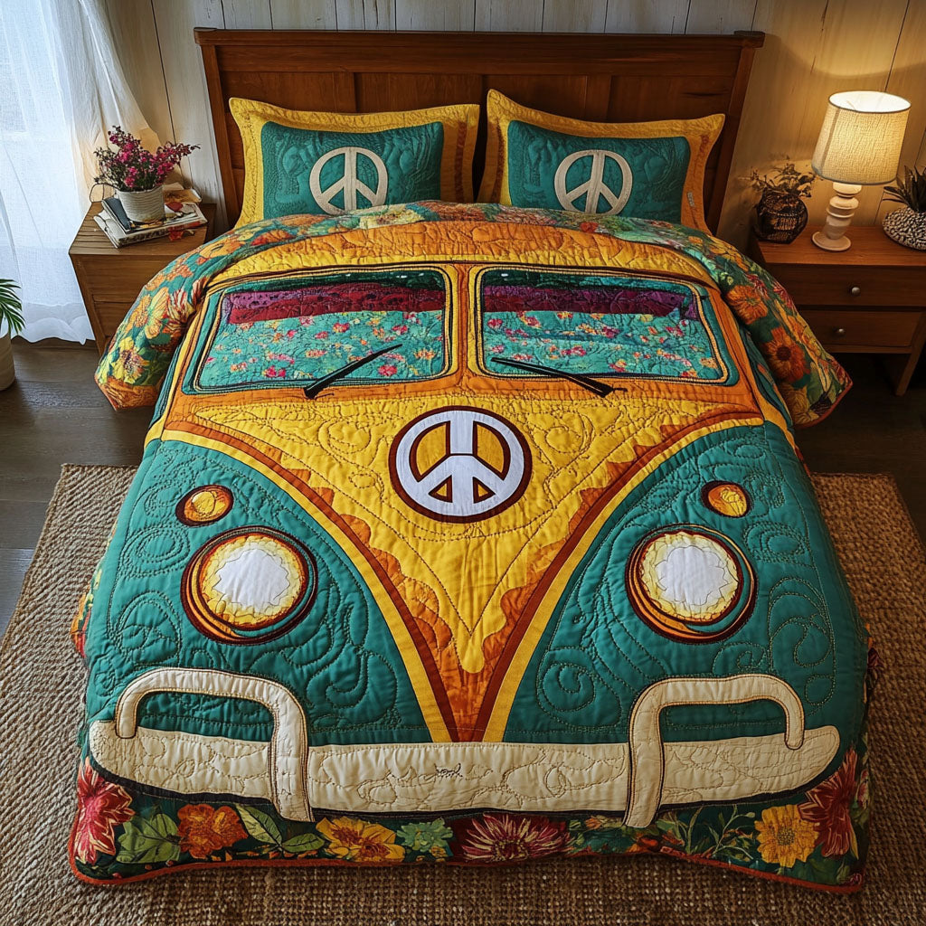 Yellow Hippie Van 3-Piece Quilted Bedding Set