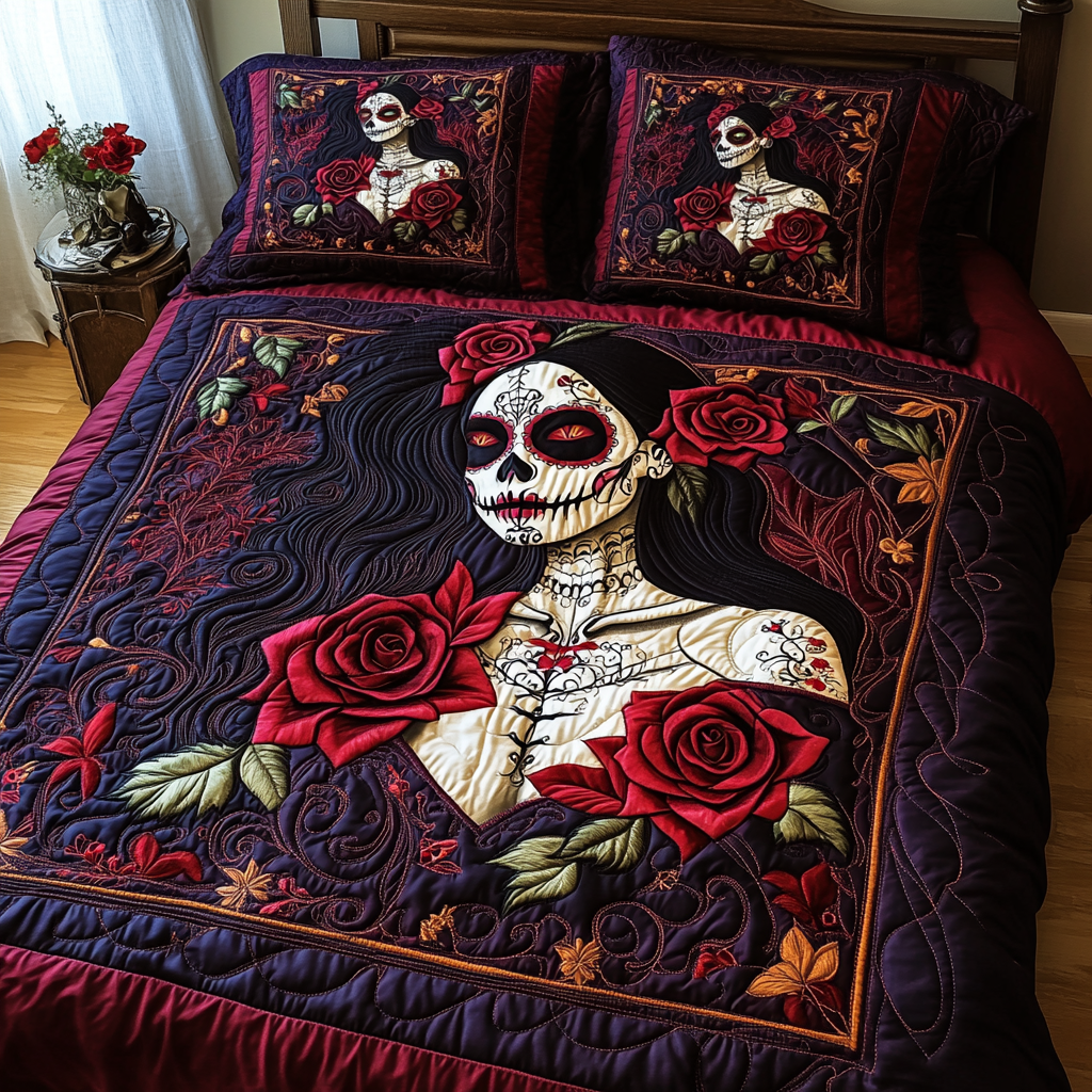 Skull And Blooms 3-Piece Quilted Bedding Set