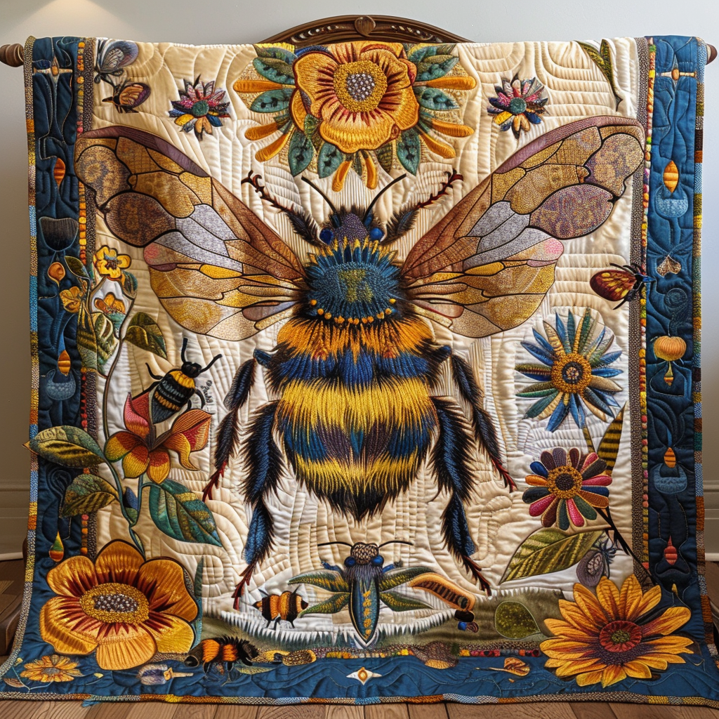 Vintage Floral Bee Quilted Blanket
