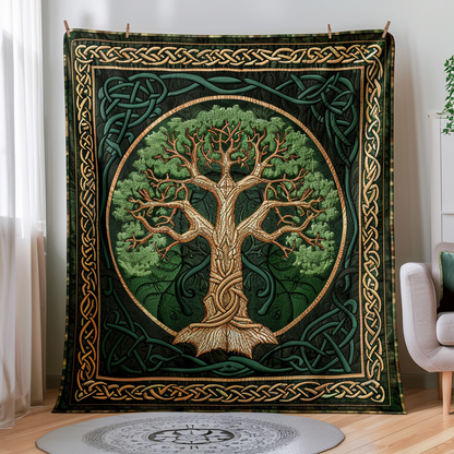 Golden Celtic Tree Of Life Quilted Blanket