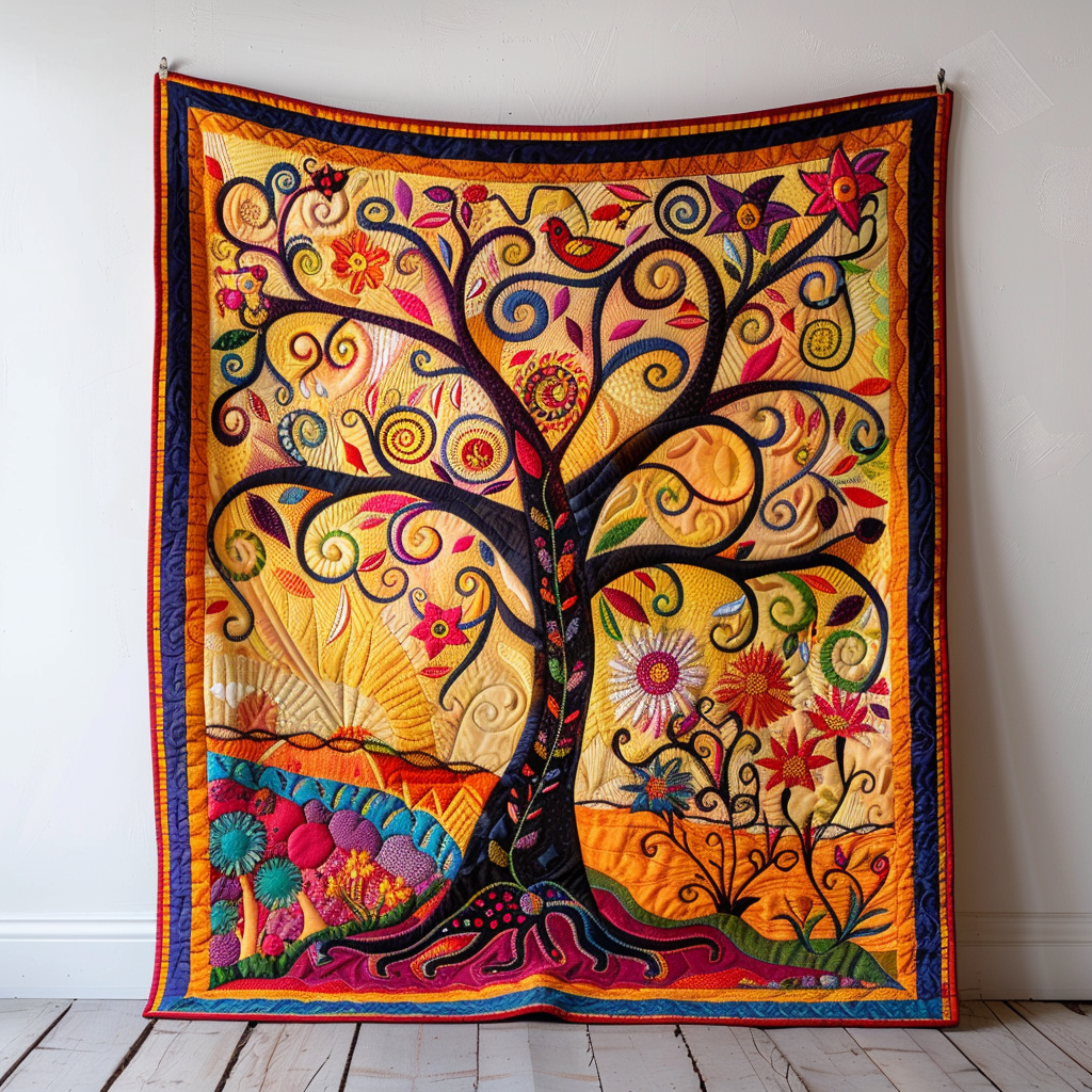 Colorful Tree of Life Art Quilted Blanket