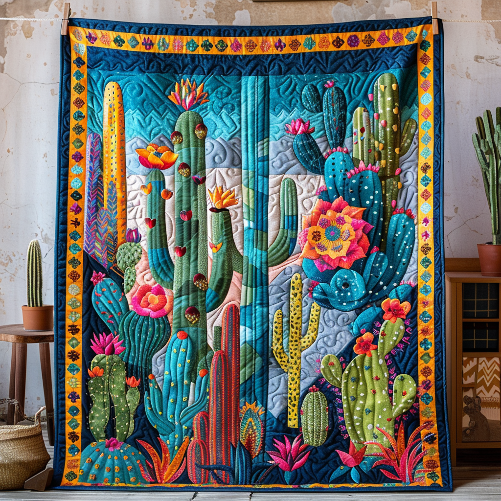 Vibrant Succulent Cactus Quilted Blanket