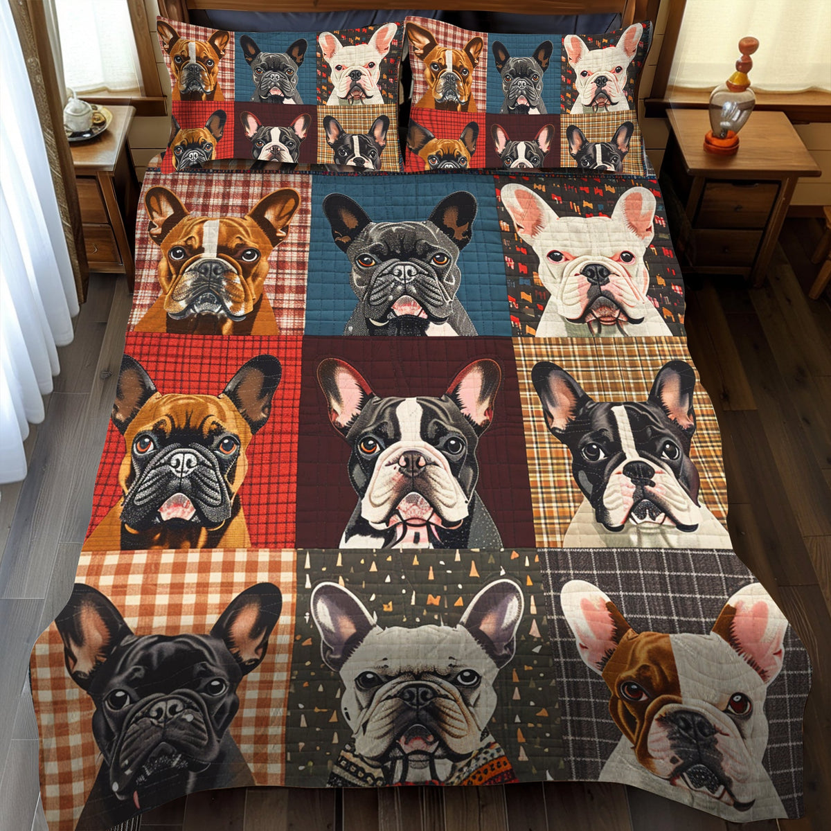 Vibrant Frenchie Faces 3-Piece Quilted Bedding Set