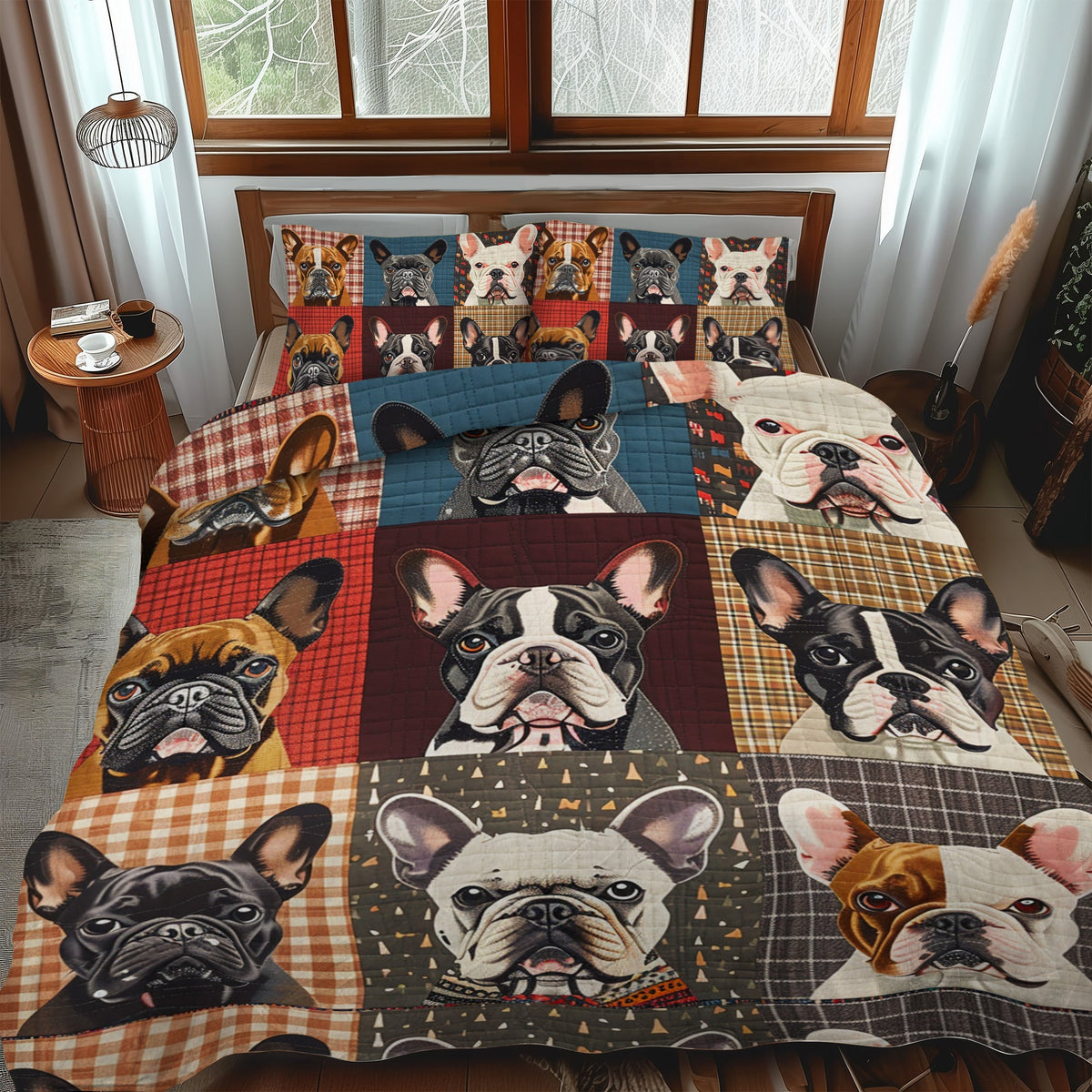 Vibrant Frenchie Faces 3-Piece Quilted Bedding Set