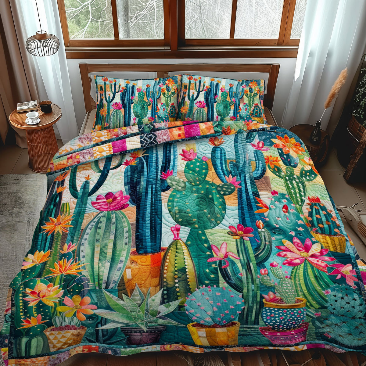 Succulent Cactus Garden 3-Piece Quilted Bedding Set