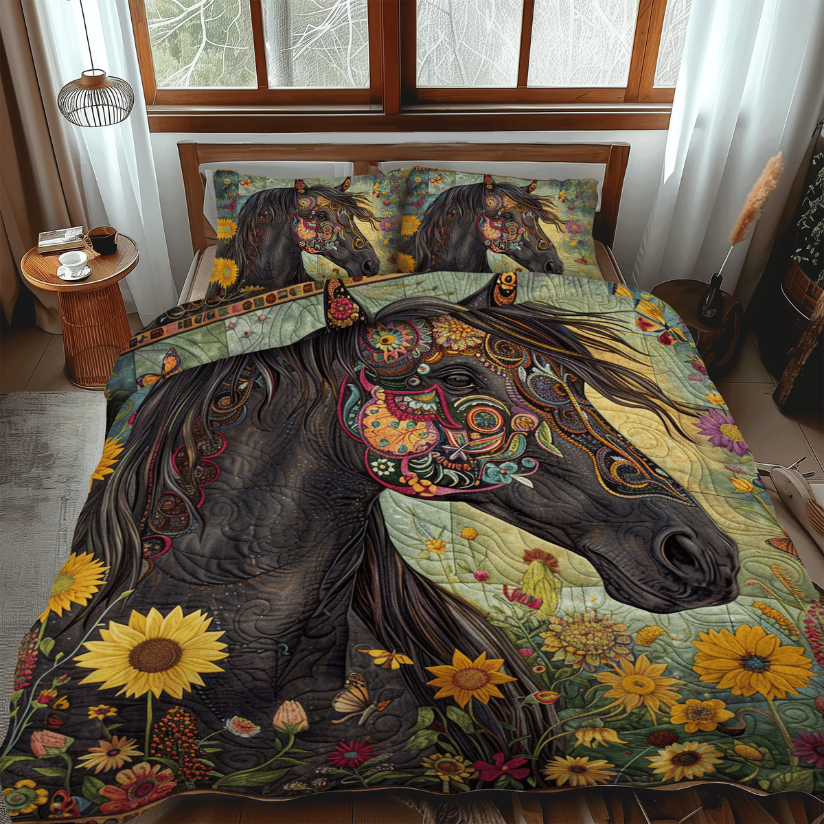 Floral Sunflower Horse 3-Piece Quilted Bedding Set