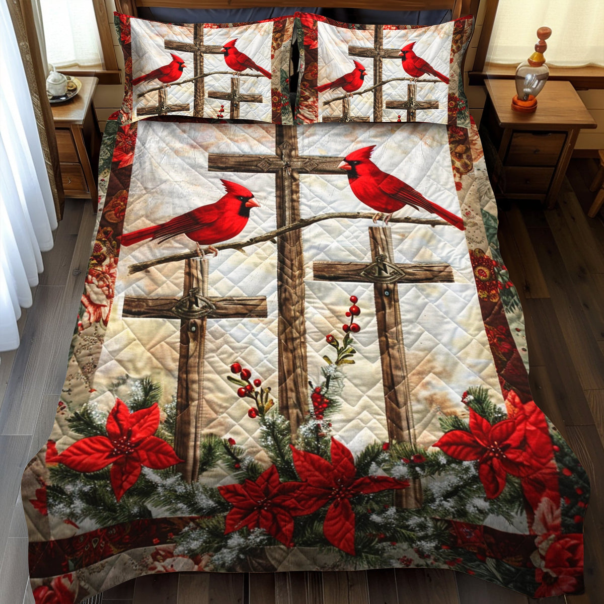 Cardinal Jesus Cross 3-Piece Quilted Bedding Set