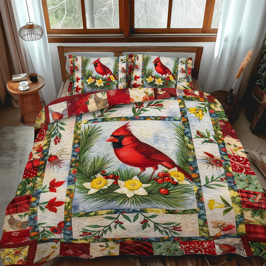 Elegant Cardinal Bird 3-Piece Quilted Bedding Set