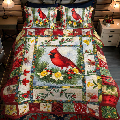 Elegant Cardinal Bird 3-Piece Quilted Bedding Set