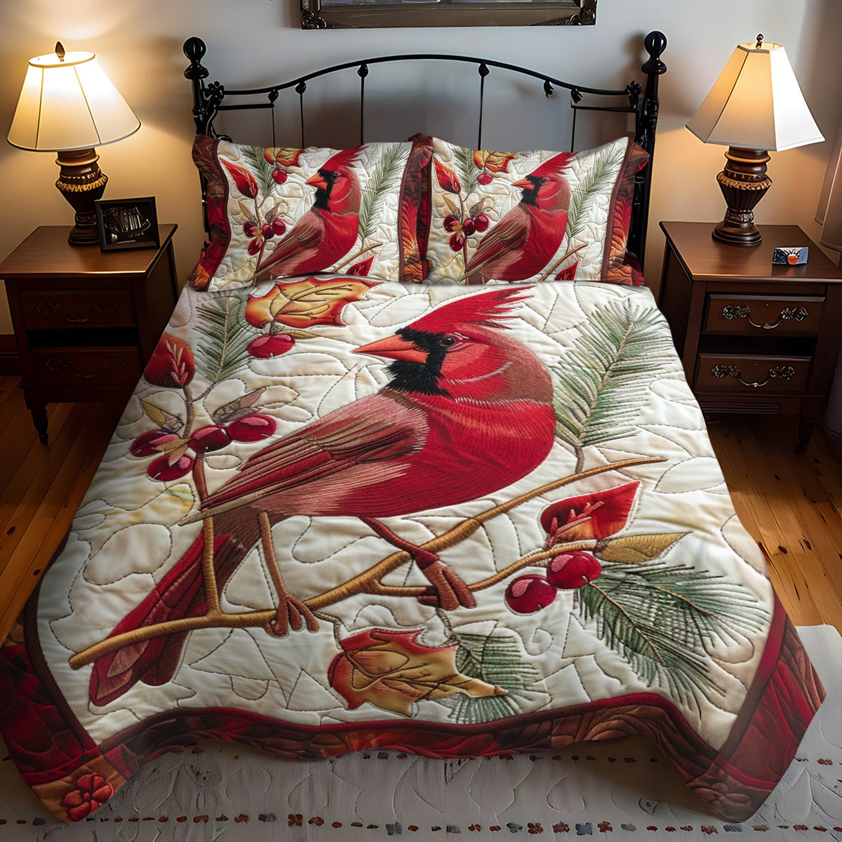 Cozy Cardinal Bird 3-Piece Quilted Bedding Set