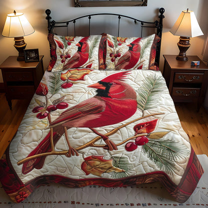 Cozy Cardinal Bird 3-Piece Quilted Bedding Set