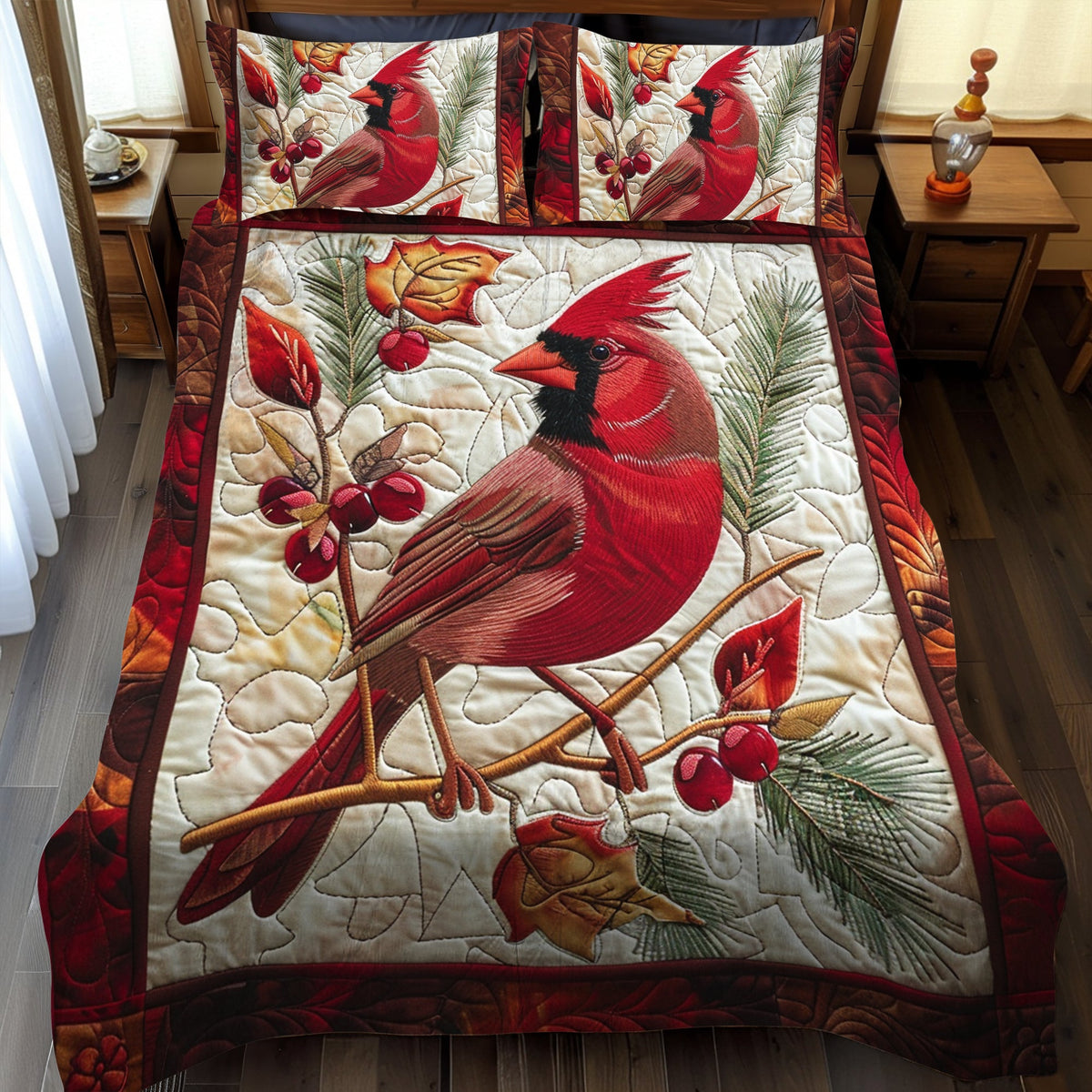 Cozy Cardinal Bird 3-Piece Quilted Bedding Set