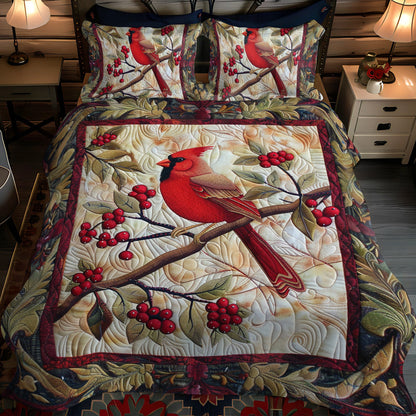 Winter Red Cardinal 3-Piece Quilted Bedding Set