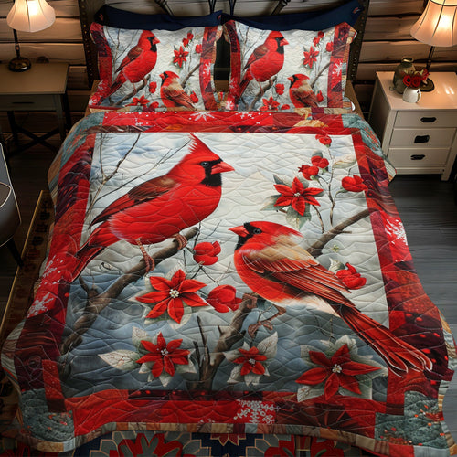 Cardinal Bird 3-Piece Quilted Bedding Set