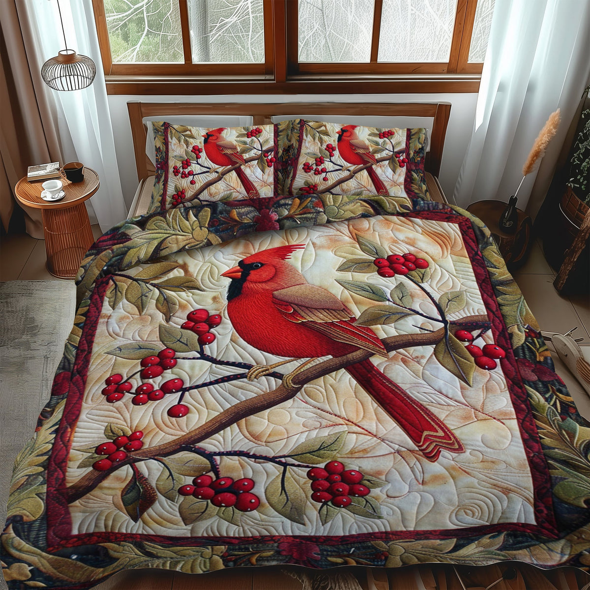 Winter Red Cardinal 3-Piece Quilted Bedding Set