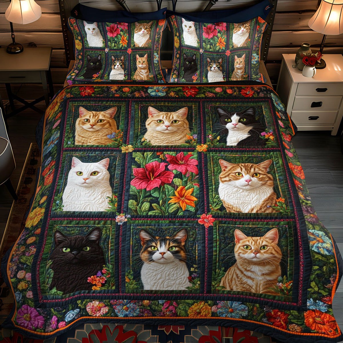 Vibrant Cute Cat 3-Piece Quilted Bedding Set