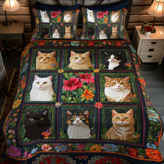 Vibrant Cute Cat 3-Piece Quilted Bedding Set