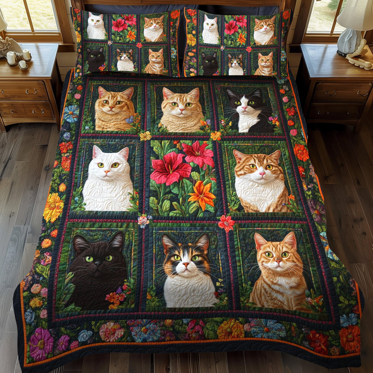 Vibrant Cute Cat 3-Piece Quilted Bedding Set