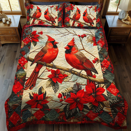 Red Cardinal Winter  3-Piece Quilted Bedding Set