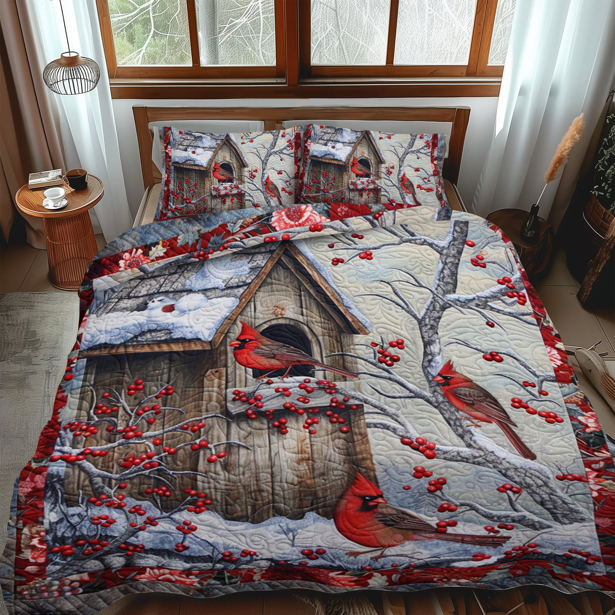 Nature-Inspired Cardinal 3-Piece Quilted Bedding Set