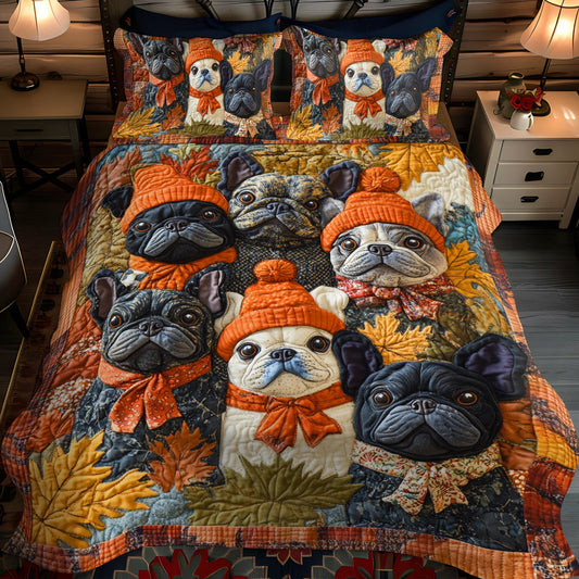Frenchie Faces Thanksgiving 3-Piece Quilted Bedding Set