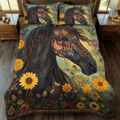 Floral Sunflower Horse 3-Piece Quilted Bedding Set