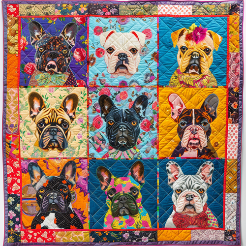 Vibrant Frenchie Faces Quilted Blanket