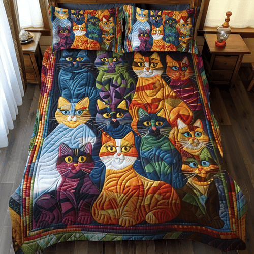 Whimsical Cat 3-Piece Quilted Bedding Set