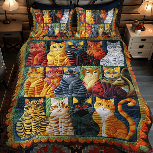 Multicolored Cats 3-Piece Quilted Bedding Set