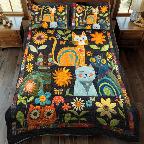 Artistic Cat-Themed 3-Piece Quilted Bedding Set