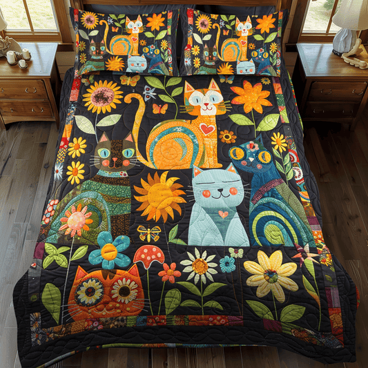 Artistic Cat-Themed 3-Piece Quilted Bedding Set