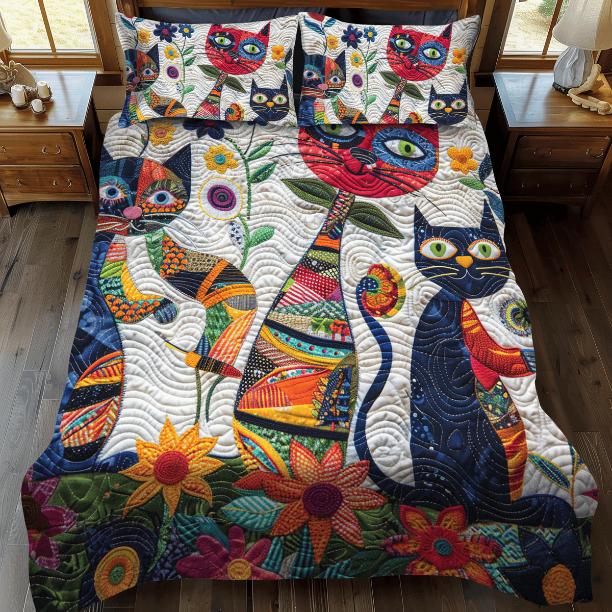 Playful Cats In The Garden 3-Piece Quilted Bedding Set