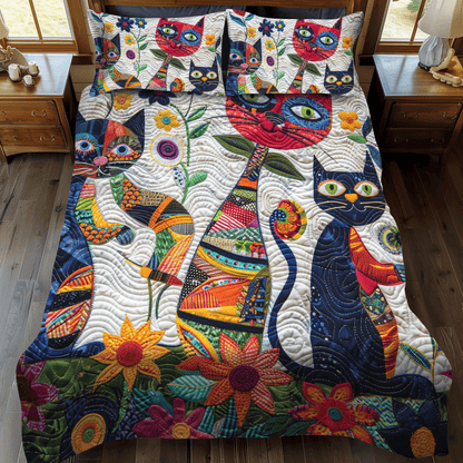 Playful Cats In The Garden 3-Piece Quilted Bedding Set