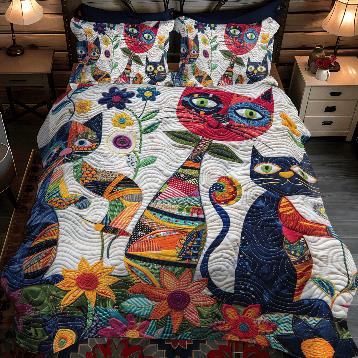 Playful Cats In The Garden 3-Piece Quilted Bedding Set