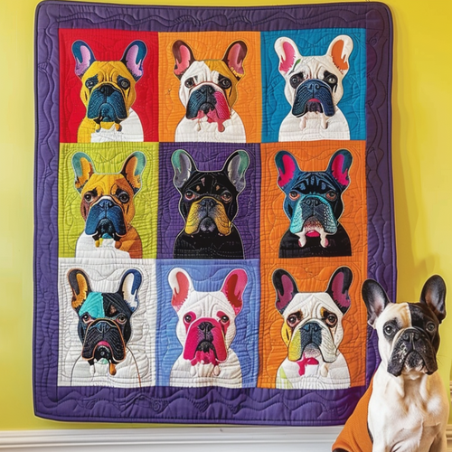 Frenchie Faces Colorful Quilted Blanket