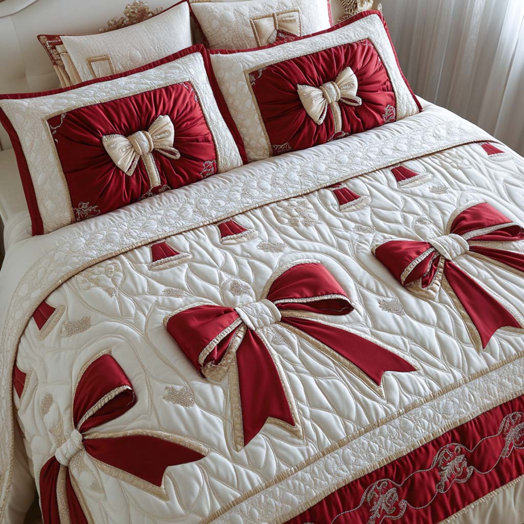 Golden Ribbon Charm 3-Piece Quilted Bedding Set