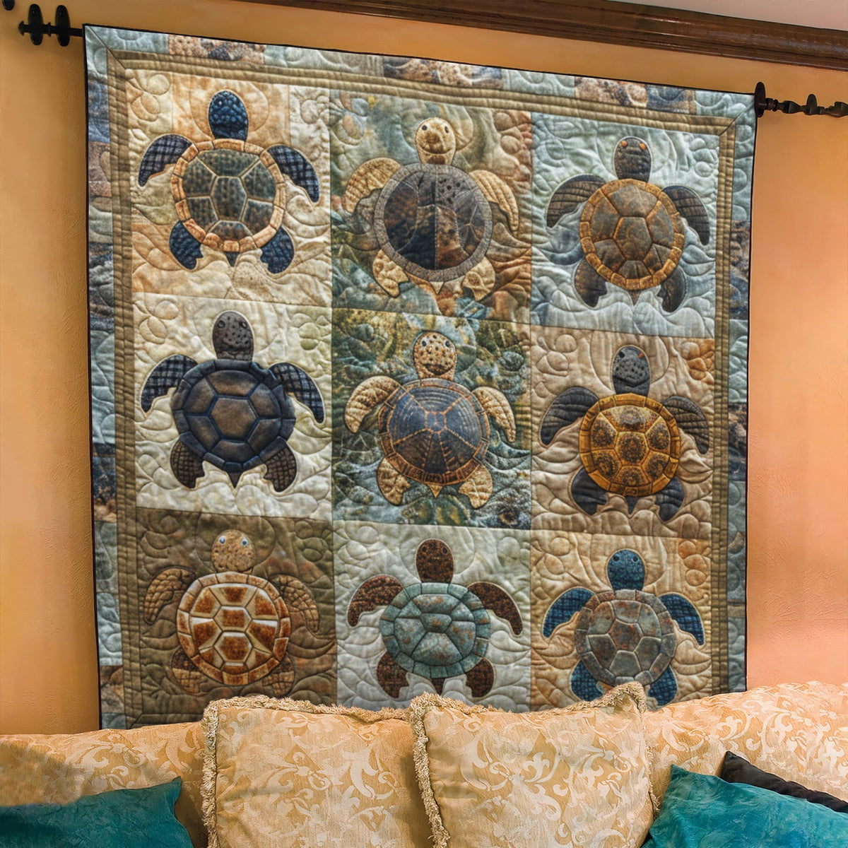Blue Wave Turtle Dance Quilted Blanket